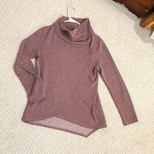 Taupe sweatshirt, cowl neck with asymmetrical hem